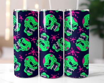 Neon Skull Tumbler Wrap PNG – 20oz Sublimation Design with Green Zombie Heads, Pink Splatter, Horror Punk Style Digital Cup Art