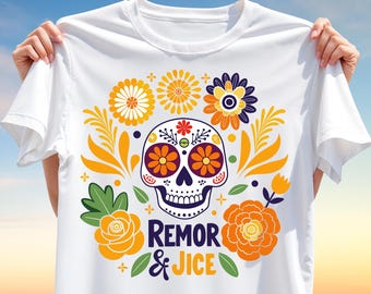 Colorful Sugar Skull T-Shirt Design PNG – Day of the Dead Sublimation Art, Floral Mexican Skull Graphic for Dia de los Muertos