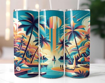 Tropical Paradise Tumbler Wrap PNG – 20oz Skinny Beach Sublimation Design with Palm Trees, Sunset, Boats, and Colorful Sky