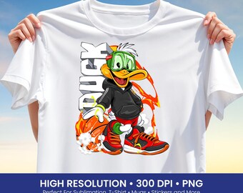 Design de camiseta de pato legal PNG, impressão de sublimação de pato com tênis e capuz, gráfico de camisa de estilo urbano engraçado, clipart de basquete de rua