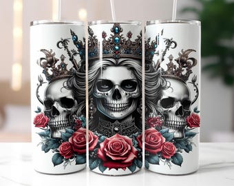 Gothic Queen Skull Tumbler Wrap PNG – 20oz Skinny Tumbler Wrap with Royal Skeletons, Crowned Woman and Red Roses – Sublimation Wrap Art