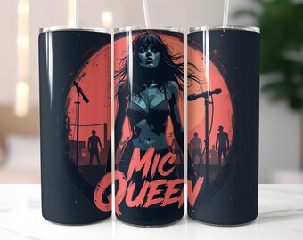 Mic Queen Tumbler Wrap PNG – 20oz Skinny Tumbler Sublimation Design with Rock Singer Girl, Stage Lights, Concert Crowd, Retro Music Art