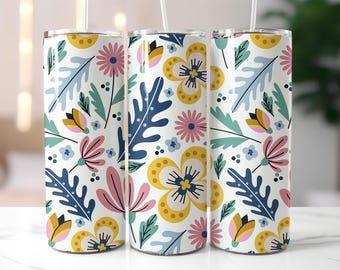 Minimal Floral Tumbler Wrap PNG – 20oz Skinny Sublimation Design with Soft Modern Flowers, Flat Botanical Shapes & Cream Background Style