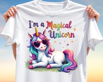 Magical Unicorn T-Shirt Design - Cute Rainbow Unicorn PNG with Sunglasses - Sublimation Print for Kids Shirts, Mugs, Fantasy Crafts