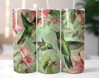 Hummingbird Tumbler Wrap PNG, 20oz Skinny Tumbler Sublimation Design with Floral Blossoms, Green Nature Art, Birds Tumbler Wrap, cute animal