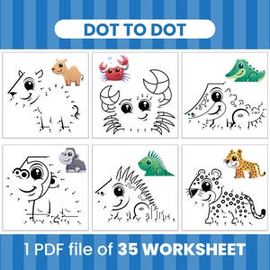Dot to Dot Animal Coloring Pages – 35 Printable Worksheets for Kids – Educational Connect the Dots PDF – Instant Download Activity Book