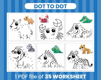 Dot to Dot Animal Coloring Pages – 35 Printable Worksheets for Kids – Educational Connect the Dots PDF – Instant Download Activity Book