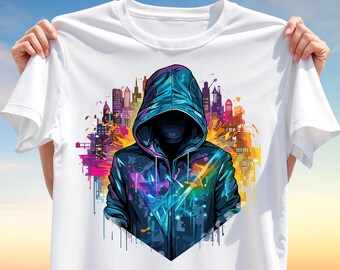Urban Streetwear T-Shirt Design – Colorful Hooded Figure with Cityscape, Futuristic Neon Art, Digital PNG for Sublimation Print
