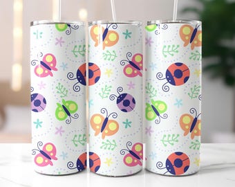 Butterfly & Ladybug Tumbler Wrap PNG – 20oz Sublimation Design with Cute Bugs, Spring Garden Pattern, Colorful Nature Clipart