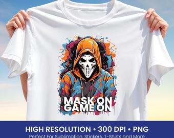 Mask On Game On T-Shirt Design PNG, Hooded Skull Gamer Graphic, Streetwear Sublimation Art, Urban Style Clipart, Instant Digital Download