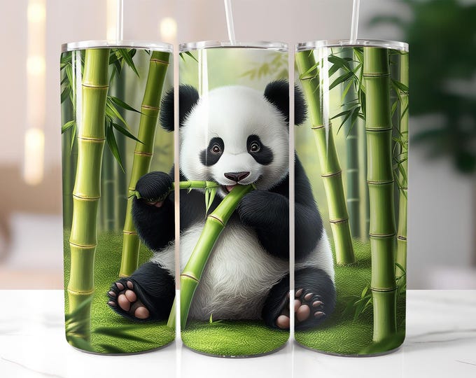 Featured listing image: Cute Panda Tumbler Wrap PNG, 20oz Skinny Sublimation Design, Bamboo Forest Animal Clipart, Kids Tumbler PNG, Digital Download