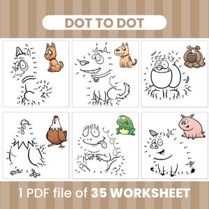 Dot to Dot Farm & Pet Animal Coloring Pages – 35 Printable Worksheets for Kids – Connect the Dots Activity Book – Instant Download PDF