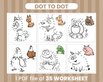 Dot to Dot Farm & Pet Animal Coloring Pages – 35 Printable Worksheets for Kids – Connect the Dots Activity Book – Instant Download PDF