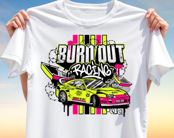 Burnout Racing T-Shirt Design – Urban Street Style Supra Car PNG for Sublimation, Drift Car Graphic Tee, Neon Colors Clipart