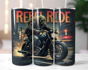 Rebel Ride Monster Biker Tumbler Wrap PNG – 20oz Sublimation Design with Creepy Creature on Motorcycle, Dark Urban Night Theme, Digital File