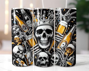Beer Skull King Tumbler Wrap PNG – 20oz Sublimation Design with Skeletons, Crown & Bottles, Halloween Bar Art, Digital Download