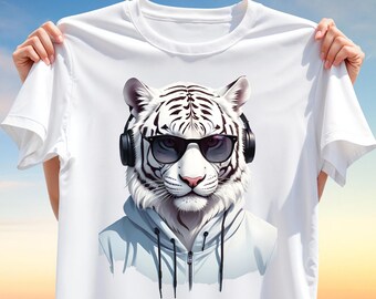 White Tiger T-Shirt Design PNG – Cool Urban Streetwear Animal with Hoodie, Headphones & Sunglasses, Sublimation Clipart Art