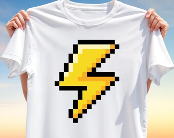 Pixel Lightning Bolt T-Shirt PNG – 8-Bit Thunder Symbol T-Shirt Design for Sublimation, Retro Game Clipart for Energy, Power & Gamer Apparel