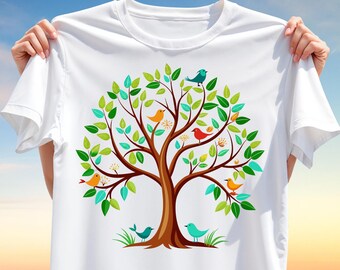 Colorful Tree with Birds T-Shirt Design PNG – Whimsical Nature Sublimation Art for Eco Friendly Crafts & Apparel – Digital Download