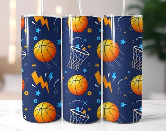 Basketball Tumbler Wrap PNG – 20oz Skinny Tumbler Sublimation Design with Hoops, Lightning, Sports Balls & Dynamic Athletic Energy Tumbler