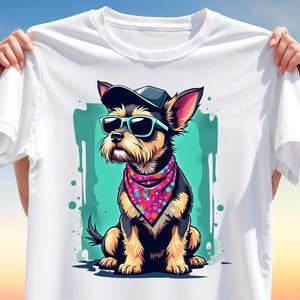 Cooles Hund T-Shirt Design PNG - Stilvoller Yorkie mit Sonnenbrille, Mütze und Bandana Clipart für Sublimation, angesagtes Haustierliebhaber-Geschenk-Shirt-Design