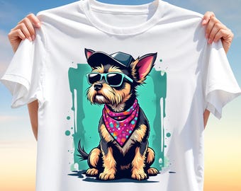 Cool Dog T-Shirt Design PNG – Stylish Yorkie with Sunglasses, Cap & Bandana Clipart for Sublimation, Hip Pet Lover Gift Shirt Design