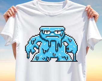Pixel Slime Monster T-Shirt PNG – 8-Bit Retro Game Character T-Shirt Design for Sublimation, Funny Blue Goo Clipart for Gamer & Geek Apparel