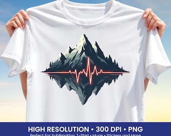 Mountain Heartbeat PNG, Nature Heartbeat Design, Mountain ECG Art, Adventure Pulse PNG, T Shirt Design, Instant Download