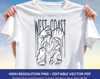 West Coast T-Shirt Design PNG – Urban Streetwear Sublimation Clipart, Graffiti Style Vector Art for Hip Hop Shirts & DIY Projects