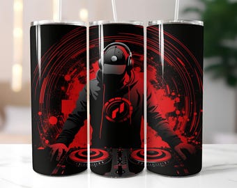 DJ Tumbler Wrap PNG – 20oz Skinny Tumbler Sublimation Design with Red and Black Music Mixer Artwork, Music Lover Tumbler Wrap