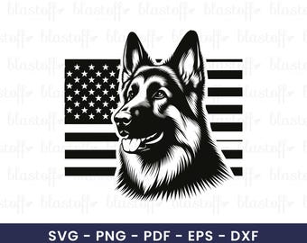 German Shepherd American Flag SVG – Patriotic Police Dog Clipart for Cricut, K9 Silhouette Cut File, Dog Lover Sublimation Art