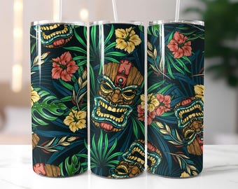 Tiki Mask Tropical Tumbler Wrap PNG – 20oz Skinny Tumbler Sublimation Design with Exotic Leaves, Flowers & Tribal Island Art Tumbler Wrap