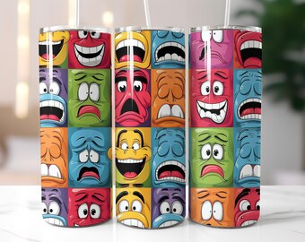 Funny Faces Tumbler Wrap PNG – 20oz Skinny Sublimation Design, Cartoon Expression Pattern, Colorful Digital Download