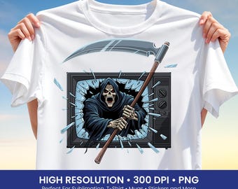 Grim Reaper T-Shirt Design PNG, Horror Skeleton with Scythe Sublimation Print, Dark TV Screen Breakout Shirt Graphic, Scary Skull Clipart