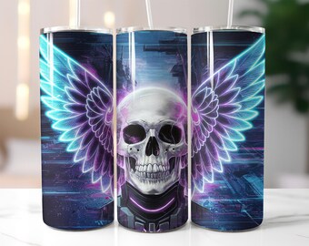 Neon Skull Tumbler Wrap PNG, Cyber Angel Wings 20 oz Skinny Tumbler Sublimation, Digital Gothic Skull Design