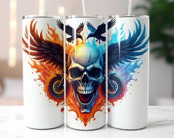 Flaming Skull Tumbler Wrap PNG – 20oz Skinny Tumbler Wrap with Fire and Ice Wings, Motorcycle Wheels and Crows – Biker Sublimation Design