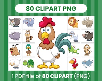 80 Cute Animal Clipart BUNDLE PNG – 80 Funny Cartoon Animal PNGs for Kids Crafts, Scrapbooking, Funny Stickers, Sublimation, Printables