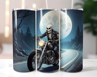 Skull Biker Tumbler Wrap PNG, Full Moon Motorcycle Rider 20 oz Skinny Tumbler Sublimation, Gothic Road Trip Design