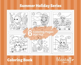 Summer Holiday Coloring Pages PDF – 6 Printable Beach & Ocean Sheets for Kids | Vacation Theme Art | Cute Animal, Sea Life, Instant Download