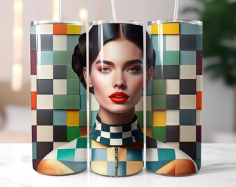 Modern Art Woman Tumbler Wrap PNG – 20oz Skinny Sublimation Design with Color Block Pattern & Stylish Portrait, Digital Download