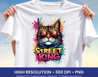 Street King Cool Cat T-Shirt Design PNG, Sunglasses Cat Sublimation Art, Funny Urban Style Clipart, Hipster Animal Graphic, Digital Download