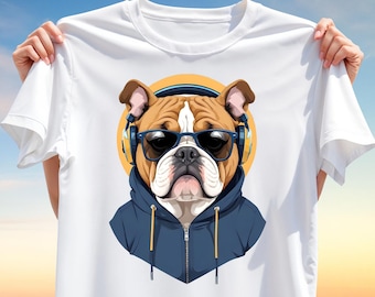 Cool Bulldog T-Shirt Design PNG – Urban Streetwear Dog Clipart with Hoodie & Headphones, Funny Sublimation Pet Print