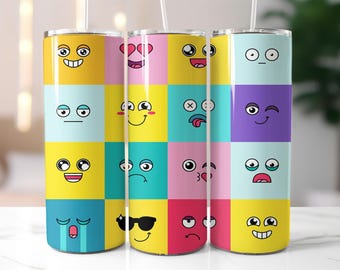 Colorful Emoji Tumbler Wrap PNG – 20oz Skinny Sublimation Design with Funny Faces, Mixed Emotions, Cartoon Expressions & Bright Mood Blocks