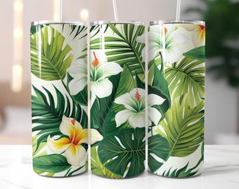 Tropical Hibiscus Tumbler Wrap PNG, 20oz Skinny Sublimation Design, Palm Leaves Island Flowers Summer Vibes Digital Download