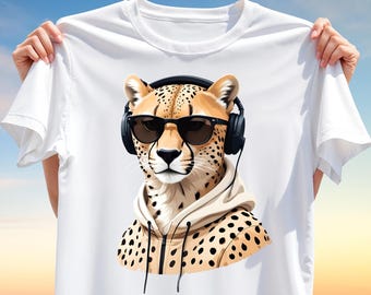 Cheetah T-Shirt Design PNG – Cool Urban Streetwear Animal with Headphones & Sunglasses, Minimal Hoodie Sublimation Clipart