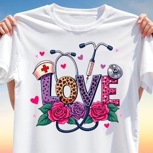 Love Nurse T-Shirt Design PNG – Stethoscope, Syringe & Heart Clipart for Sublimation, Medical Appreciation Gift for Nurses and Doctors
