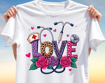 Love Nurse T-Shirt Design PNG – Stethoscope, Syringe & Heart Clipart for Sublimation, Medical Appreciation Gift for Nurses and Doctors