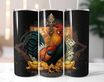 Lucky Rooster Tumbler Wrap PNG – 20oz Skinny Sublimation Design with Gold Coins, Wealth Symbols & Asian Prosperity Art