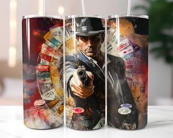 Mafia Tumbler Wrap PNG – 20oz Skinny Sublimation Design with Gangster, Gun, Casino Chips & Roulette Wheel, Digital Download