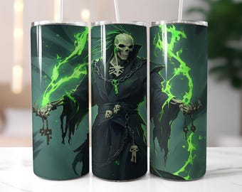 Green Neon Skeleton Tumbler Wrap PNG – Skull 20oz Skinny Tumbler Sublimation Design with Skeleton, Chains, Keys, Flames & Glow Tumbler Wrap